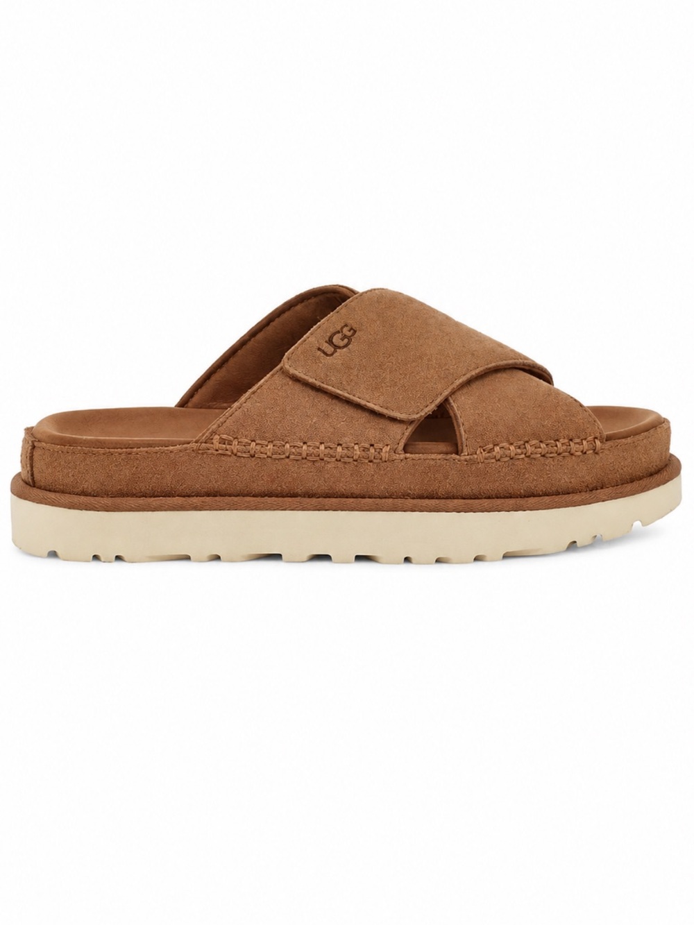 UGG Goldenstar Cross Slide Sandals Chestnut Suede Platform Women’s 9 - Picture 2 of 13